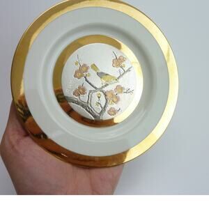 Vintage 24 Kt Gold Edged Silver Porcelain Decorative Plate Little Bird Blossoms